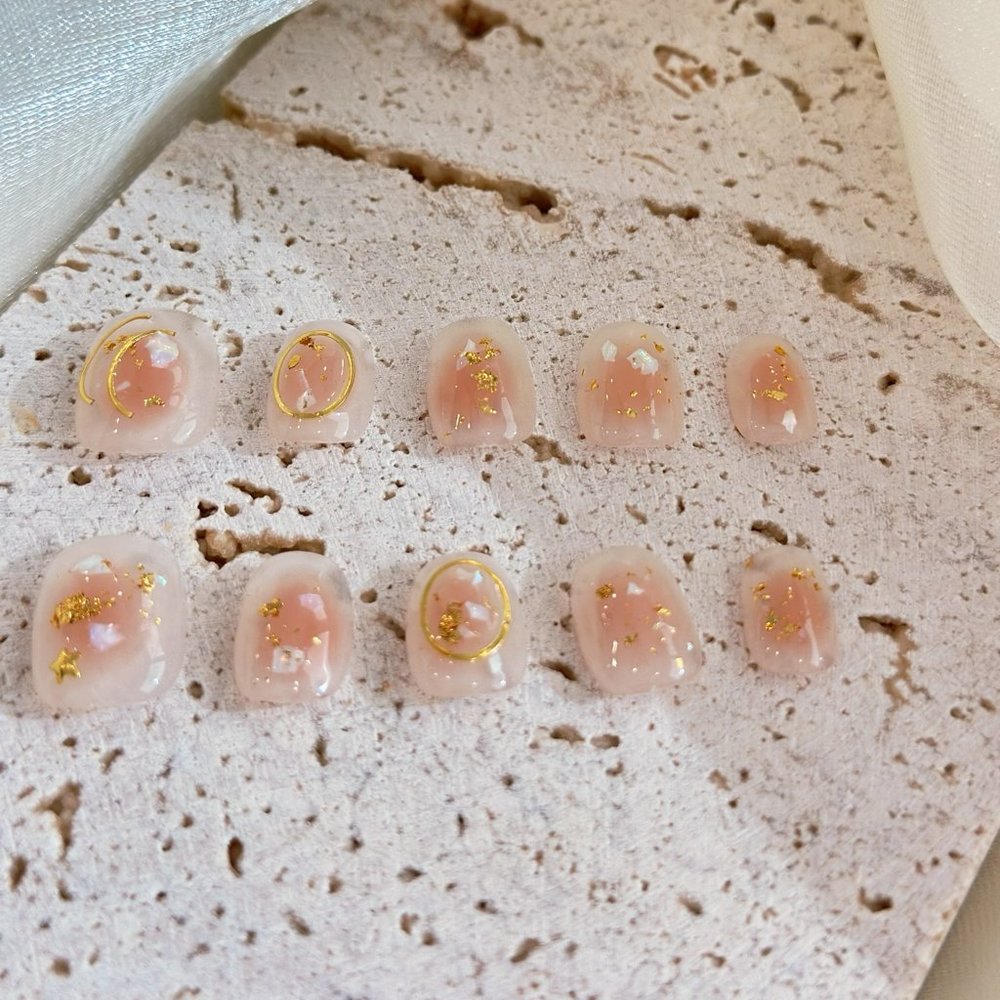 Celestial Pink Shimmer Ombre/Handmade Round Shape Mother Pearl Ombre Press on Na